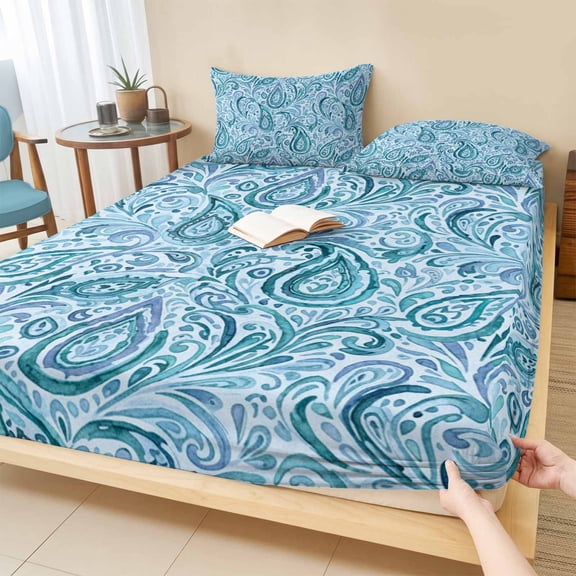 Cal.King Size Fitted Sheet Set - Light Blue Teal 3 Piece Bedding Sets 16" Deep Pocket Fitted Sheet with 2 Pillowcases, Retro Botanical Abstract Art Brushed Microfiber Hotel Luxury Bed Sheets