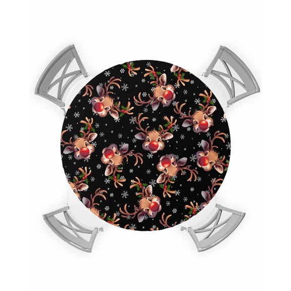 nqOlkjepod Black Christmas Elk Round Tablecloth, Fitted Table Cover with Elastic for 45"-54" Round Tables, Xmas Snowflake Botanical Table Cloth Outdoor Indoor Dinning Party Waterproof Tablecloths