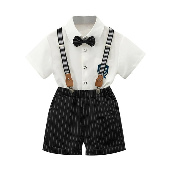Toddler Boy Gentleman Outfit 4t British Summer 2 Piece Set Button Down Shirts Suspender Shorts Bowtie School Formal Clothes 6 Years, White