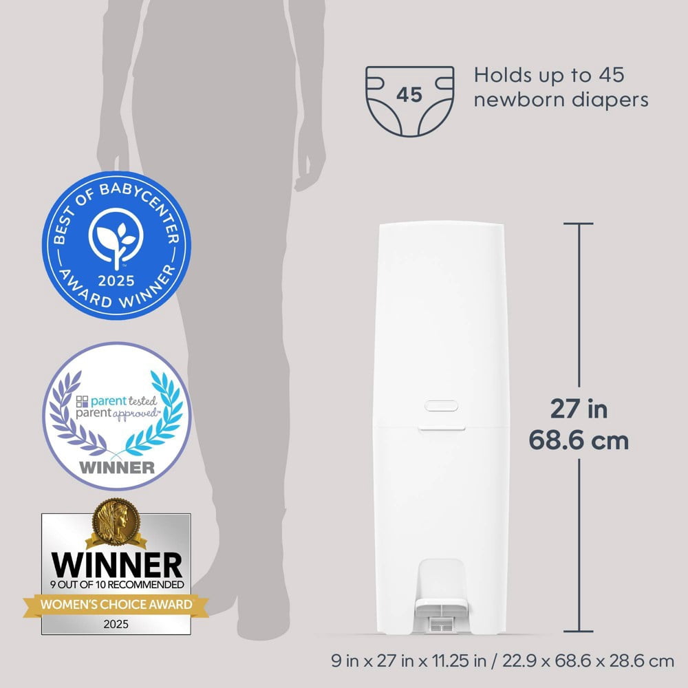 Diaper Pail with Starter Refill, Holds 45 Diapers, Foot Pedal, Odor Control