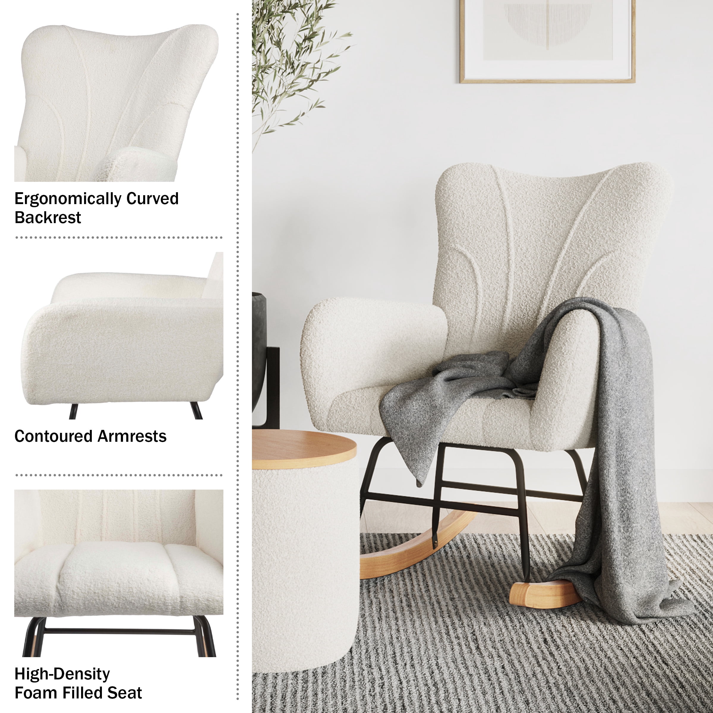 Lavish Home Teddy Upholstered Rocking Chair for Bedroom (Cream)