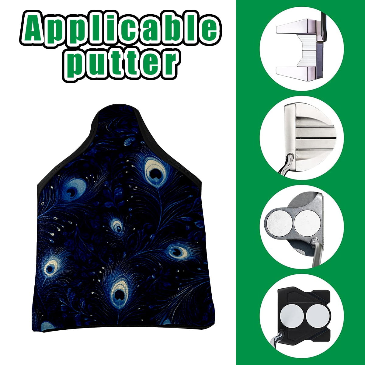 Golf Mallet Putter Cover Premium Leather Waterproof Golf Putter Head Cover with Magnetic Closure Blue Peacock Feathers