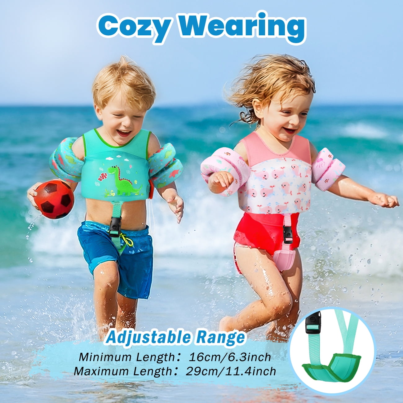 HeySplash Swim Vest For Kids,Arm Floaties with Adjustable Strap Fit 22-30 Lbs Kids,Pool Sea Swimming Aid,Green Dinosaur