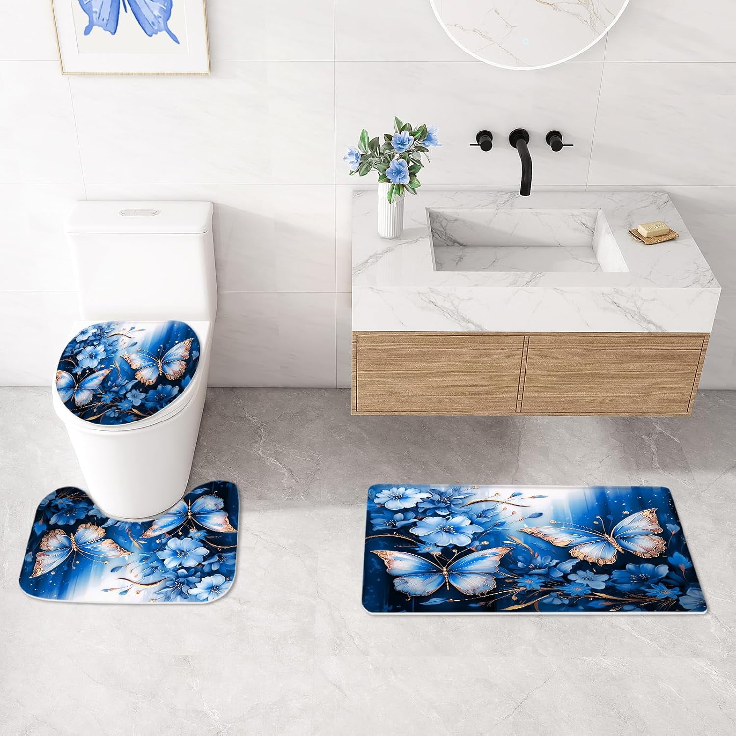 4 Pcs Blue Floral Butterfly Shower Curtain Set with Non-Slip Rugs, Modern Toilet Lid Cover and Bath Mat, Sparkling Bathroom Decor Set with Shower Curtain and Rugs
