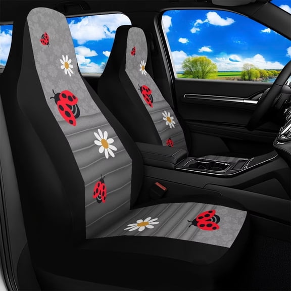 Uorisanigo Car Seat Covers 2 Pcs Stretch Polyester Fabric Cover Ladybug Daisy Waterproof Car Seat Cover Easy Installation Universal Size Fit for Most Cars SUVs Trucks Vans