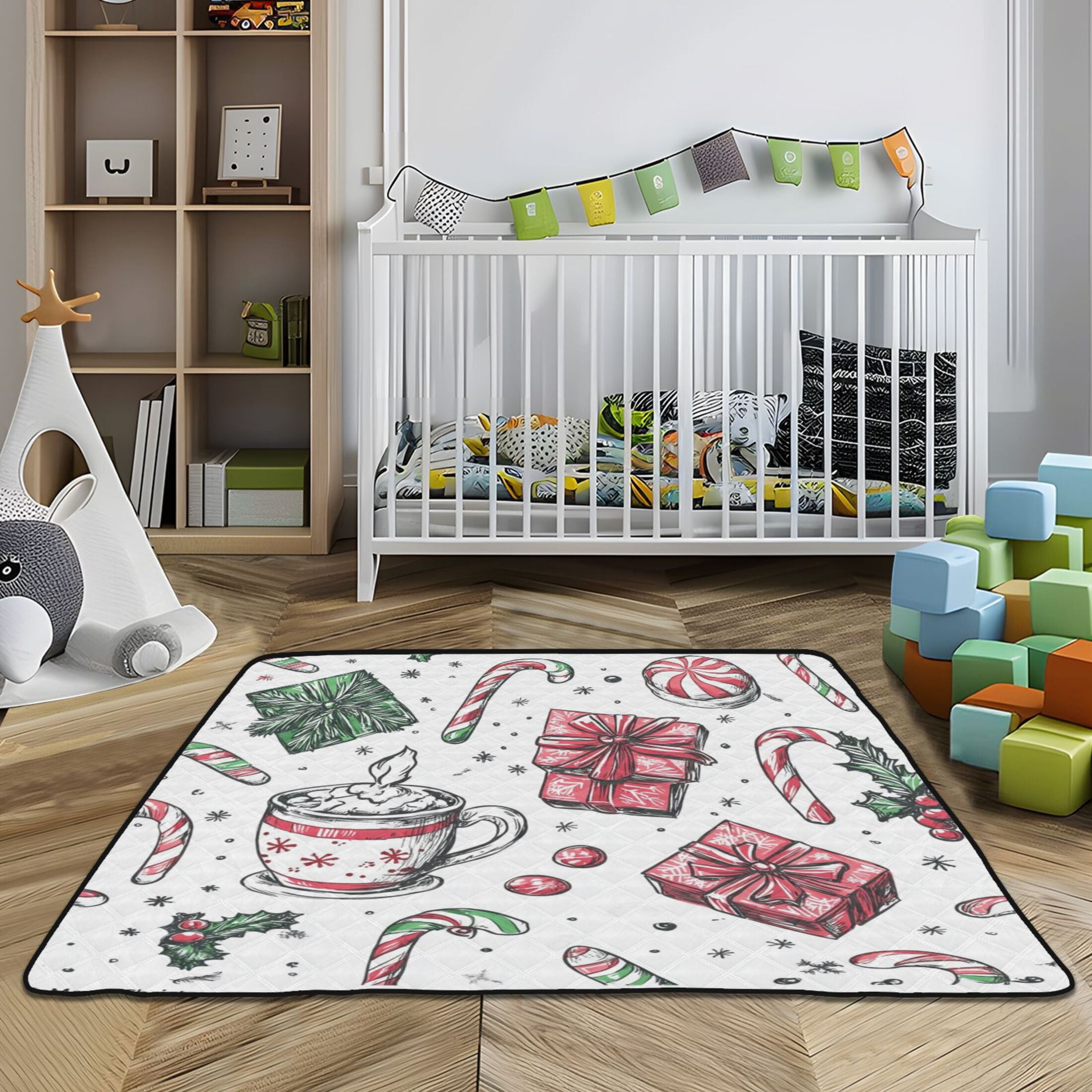 WOBOGO Christmas Pattern with Candy Canes Baby Playmats Extra Large Waterproof Rollable Activity Pads for Toddlers 50×50inch