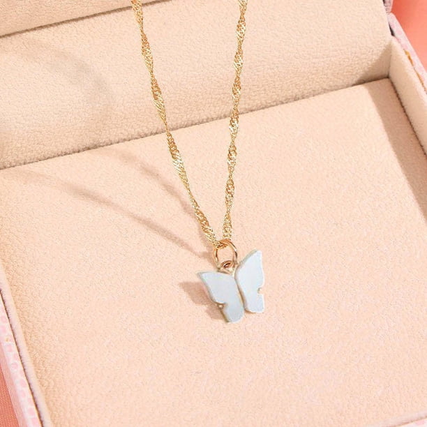 Moda Mariposa Forma Colgante Collar Aleación Moda Simple Elegante Cadena de Botones para , Damas, Niñas, de Joyería - blanco Yinane Collar de clavícula