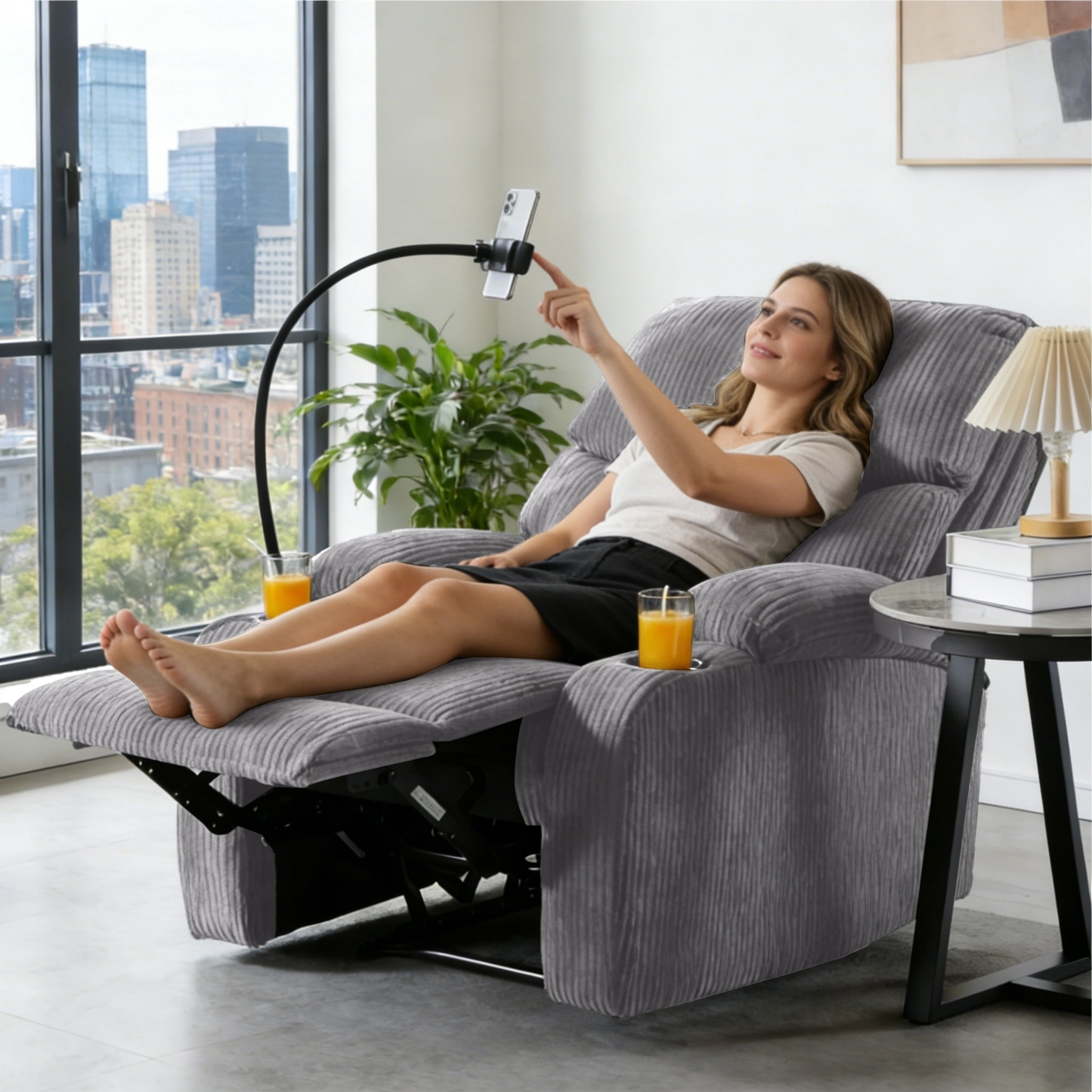 BSHTI Manual Recliner Chair with Phone Holder & Cup Holders, Corduroy Upholstery, Ergonomic Backrest, Solid Wood Frame for Living Room & Bedroom(Light Gray)