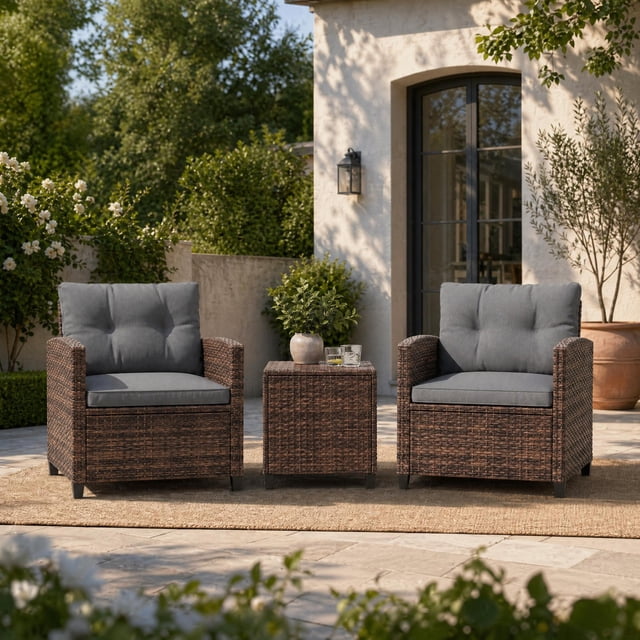 CazToi 3 Piece Patio Furniture Set Outdoor Wicker Bistro Set All Weather PE Rattan Balcony Conversation Chairs with Cushions