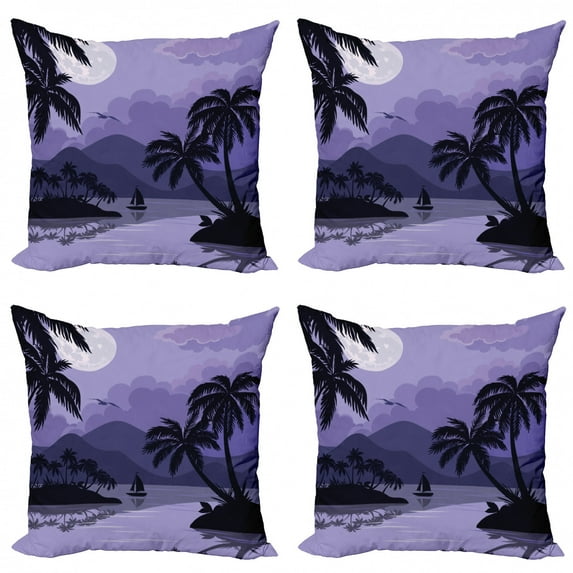Ambesonne Tropical Throw Pillow Cover 4 Pack, Caribbean Island Night, 20", Black Lavender White