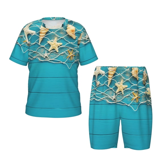 Balery Seashells And Fishing Net On Blue Wooden Table Conjunto de Pijama Infantil de Manga Corta con Estampado – Ropa de Dormir de Algodón Suave-XX-Large