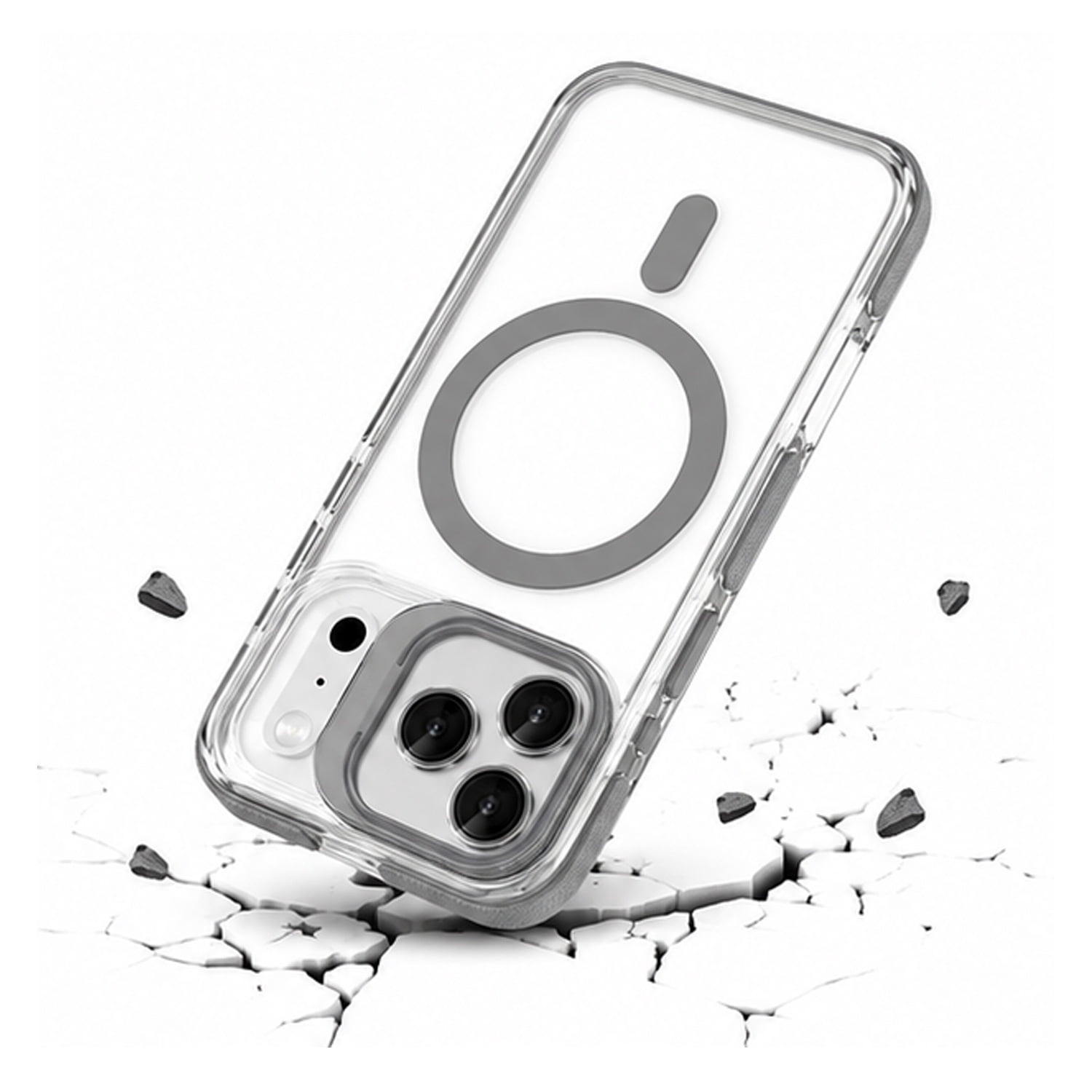 Thin Magnetic Clear Protective Cover with Camera Ring Stand for iPhone 17 Pro Max - Grey