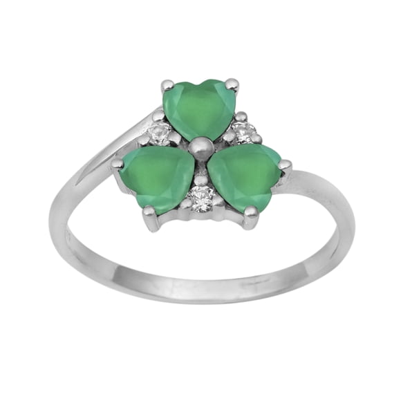 Three Stone 4 MM Green Onyx 925 Sterling Silver Women Heart Ring