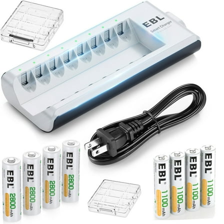 EBL Rechargeable Batteries with Charger, 1.2V NiMH AA Batteries 2800mAh 4Pcs& AAA Batteries 1100mAh 4pcs with 8-Bay Battery Charger