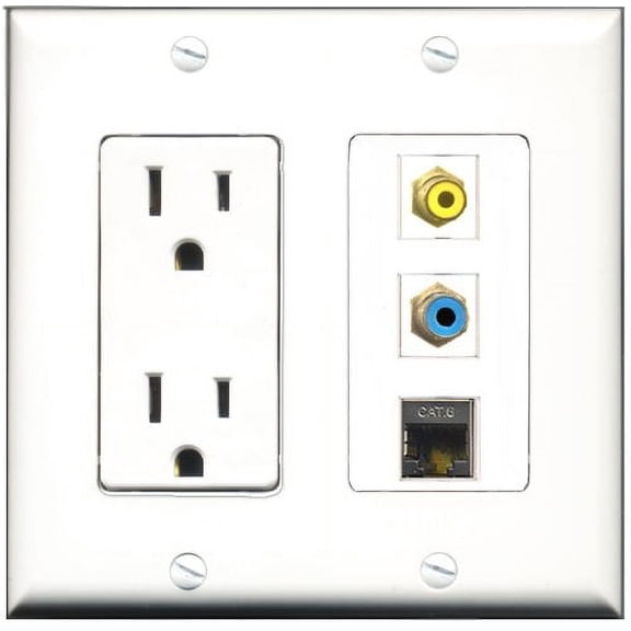 RiteAV - 15 Amp Power Outlet 1 Port RCA Yellow 1 Port RCA Blue 1 Port Shielded Cat6 Ethernet Ethernet Decorative Wall Plate
