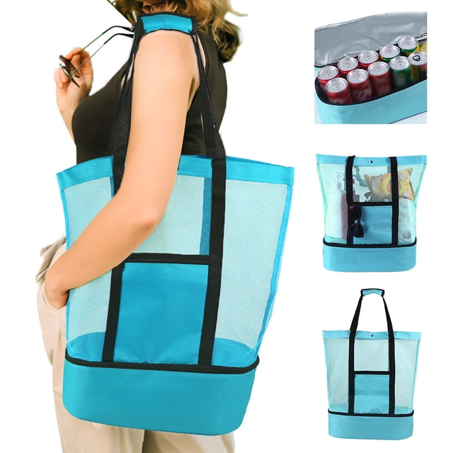 Large Mesh Beach Bag Tote Insulated Reusable Picnic Lunch Bag for Outdoor Camping