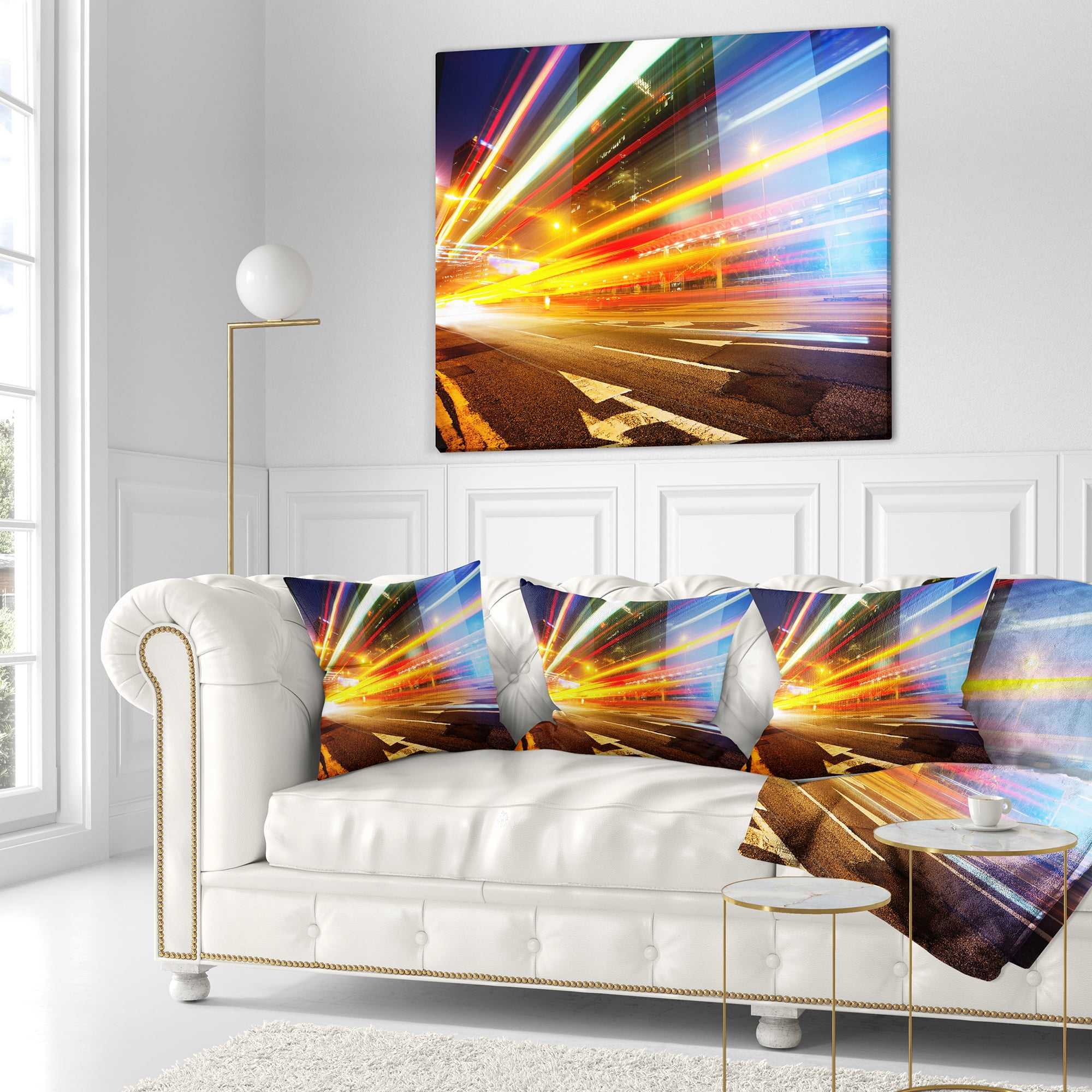 Designart Car Light Trails in Hong Kong - Cityscape Photo Throw Pillow - 18x18
