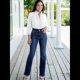 thumbnail image 4 of Pantalones Vaqueros Rectos para Mujer, Cintura Alta, Elásticos, Deshilachados, con Dobladillo Sin Rematar, Holgados, Informales. Azul Profundo S, 4 of 9
