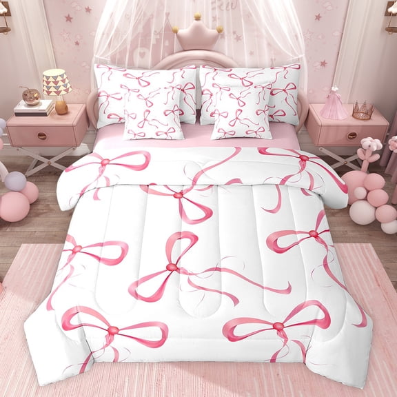 jejeloiu Pink Cute Bowknot 7-Piece Twin Bedding Sets,Kawaii Bow Tie Bedding Comforter Set,Chic Ribbon Bowtie Sheet Sets For Girls,Microfiber Bedroom Decor Reversible