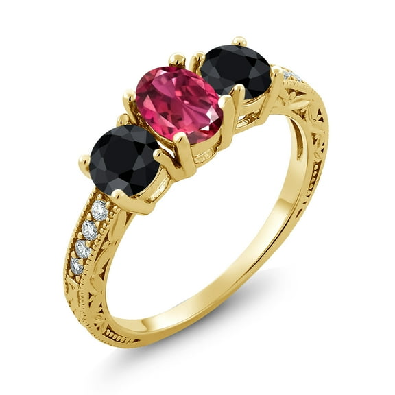 Gem Stone King 2.35 Ct Oval Pink Tourmaline Black Sapphire 18K Yellow Gold Plated Silver Moissanite Ring (Size 5)