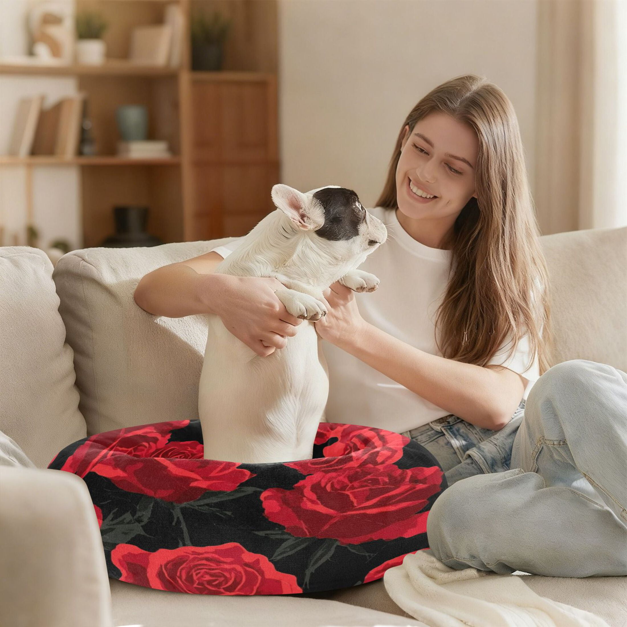 Iauyy Pet Couch Donut Cat Bed for Indoor Cats/Small Dogs Washable & Machine with Non-slip Bottom Calming Cat Furniture, Black and Red Roses (M)