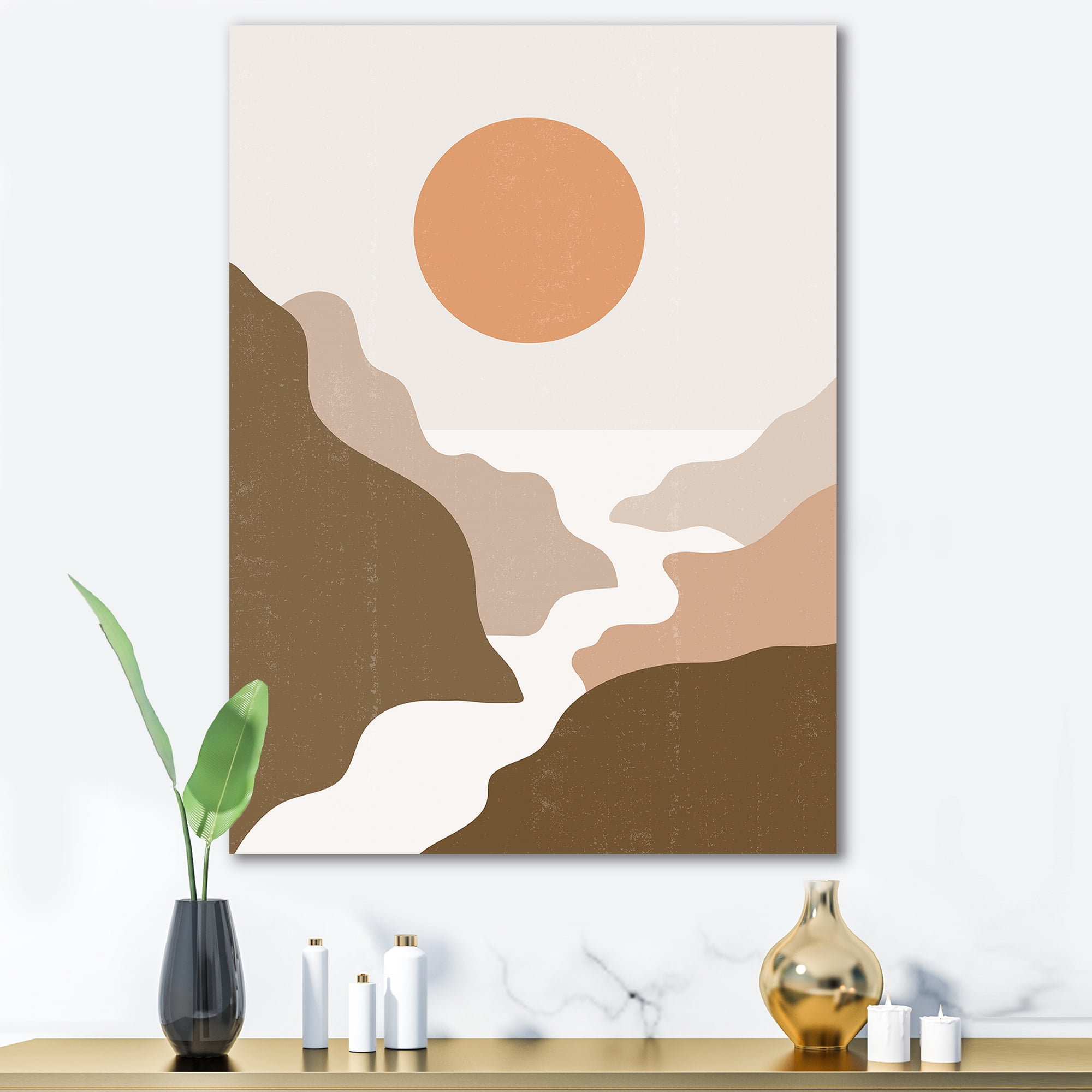 Designart ' Full Moon In Terracotta Tones Mountains ' Modern Canvas Wall Art Print
