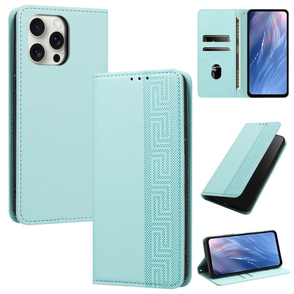 Feishell Wallet Case For iPhone 12 Pro Max, Premium PU Leather Flip Folio Cover with RFID Blocking Card Slots Cash Pocket Kickstand Wrist Strap Embossed Pattern Shockproof Phone Case,Green