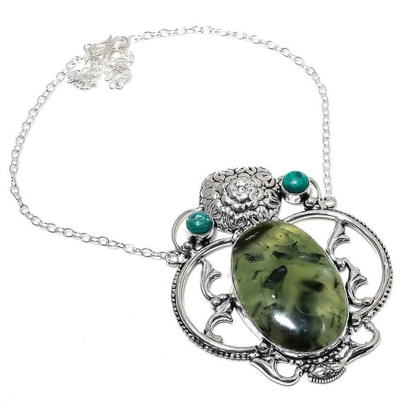 Natural Prehnite, Malachite Gemstone Handmade 925 Sterling Silver Necklace 18"