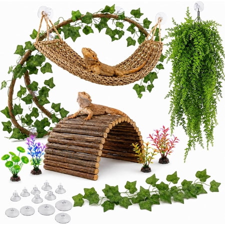 Bearded Dragon Tank Accessories, 9Pcs Reptile Plants Vines Hammock Flexible Bridge with Suction Cups Terrarium Habitat Décor for Snake Gecko Lizard Chameleon