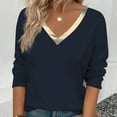 thumbnail image 4 of WHLBF Tops for Women Long Sleeve Fall Winter Classic Solid Color Gold V-neck Pullover T-shirt Navy S, 4 of 6