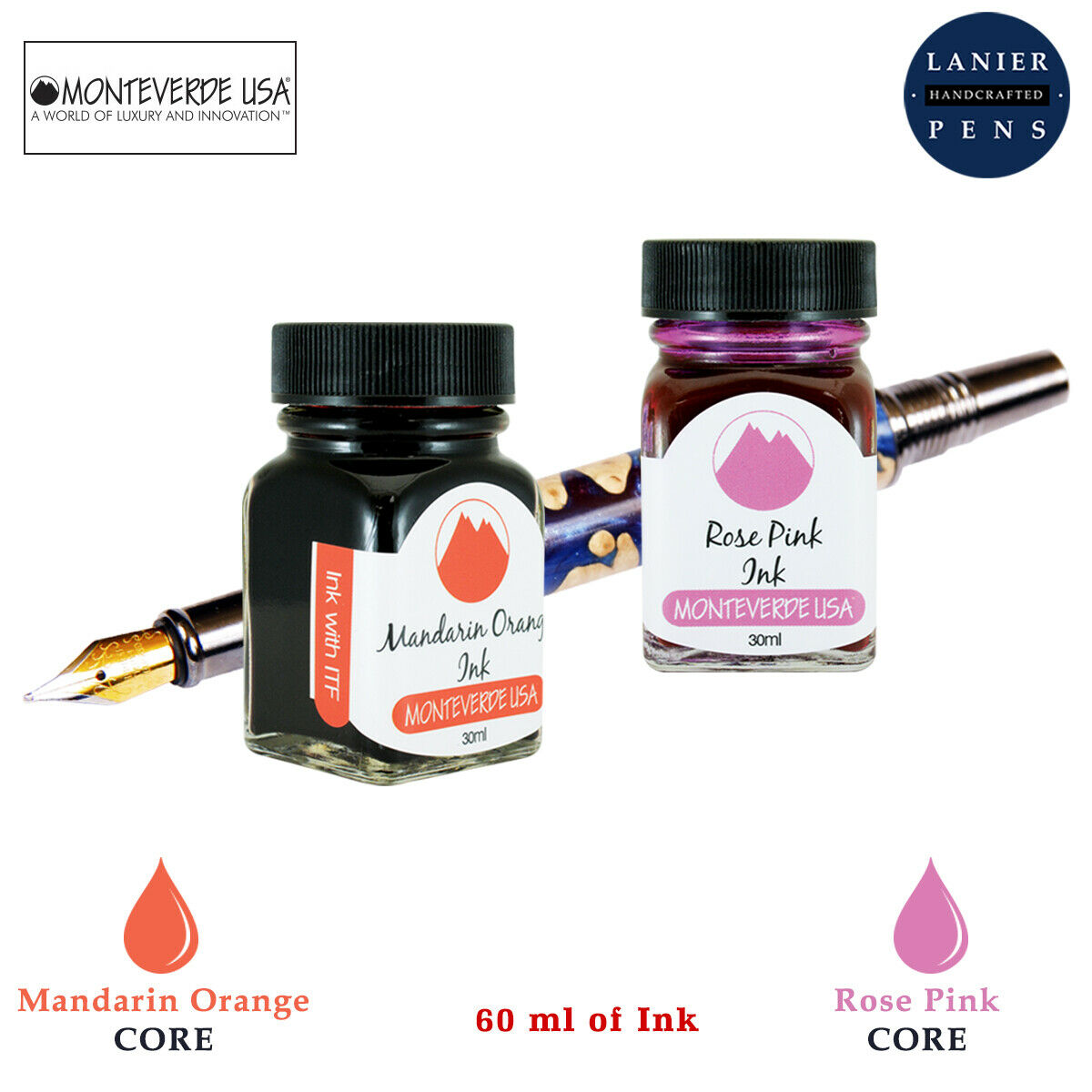 Monteverde 60ml Core Fountain Pen Ink Bottle (30ml Mandarin Orange Ink Bottle G309MO, 30ml Rose Pink Ink Bottle G309RP)