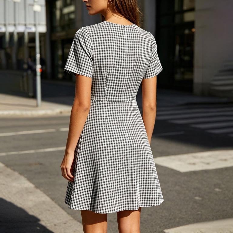 grey plaid mini dress Zbxnli Womens V Neck Short Sleeve Dresses Fashion A Line Casual Loose Summer Sundress for Women, Women's, Size: Small, Black Womens dress