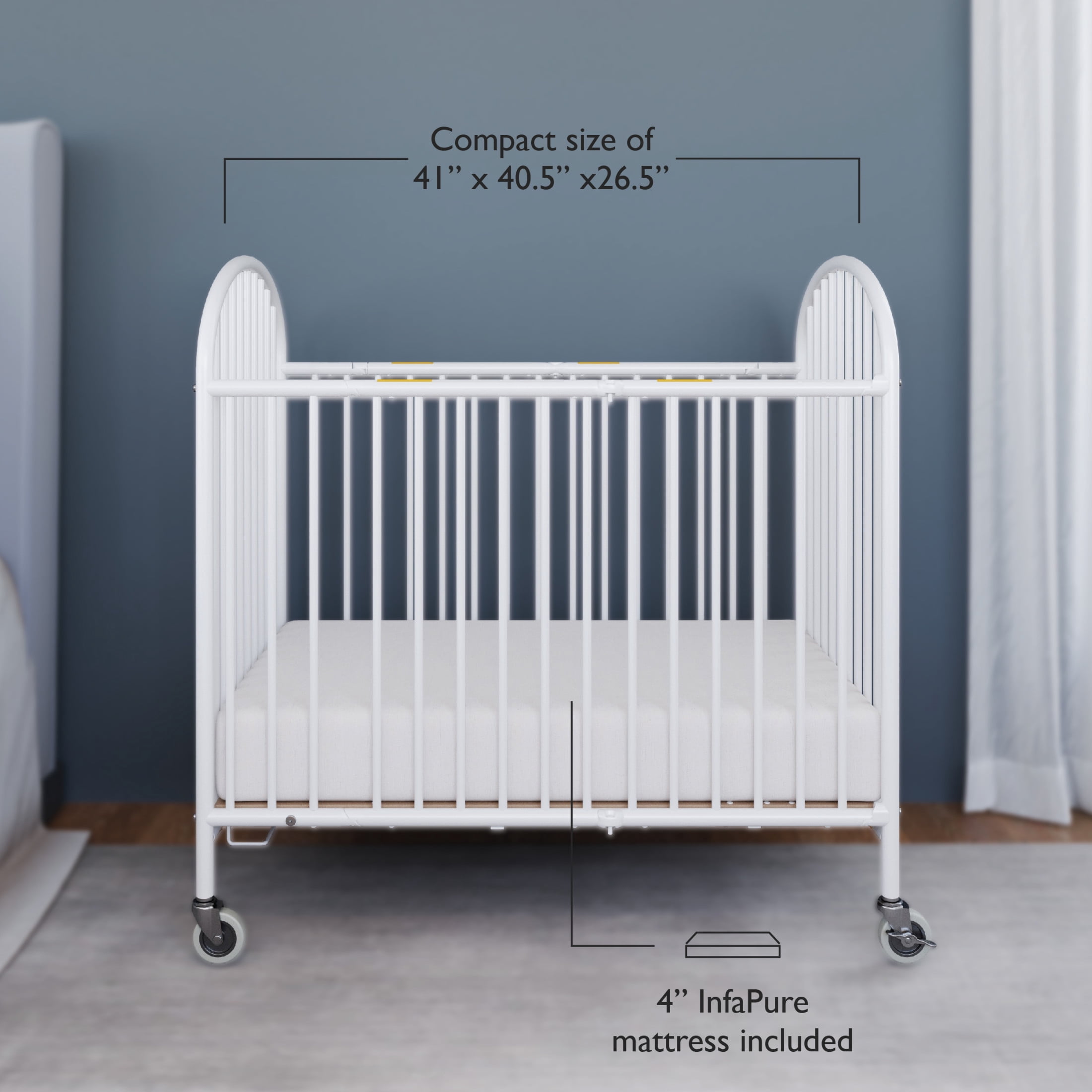 Foundations Pinnacle Compact Folding Crib with 4" Mattress and Locking Wheels, White