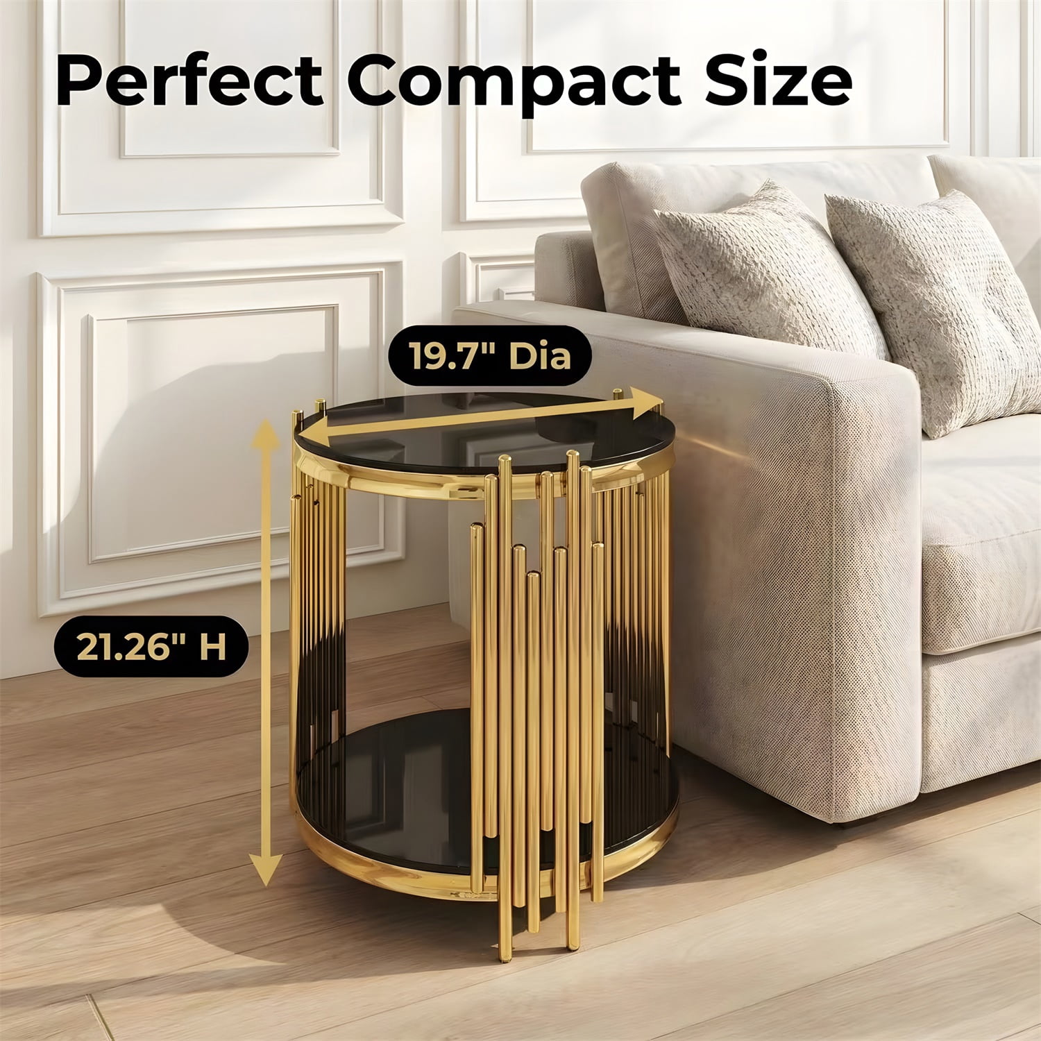 Hommoo 19.7 Inch Round and 2-Tier Glass End Table, Modern Luxury Tempered Glass Side Table with Stainless Steel Legs for Living Room, Bedroom & Home Office, Black & Gold