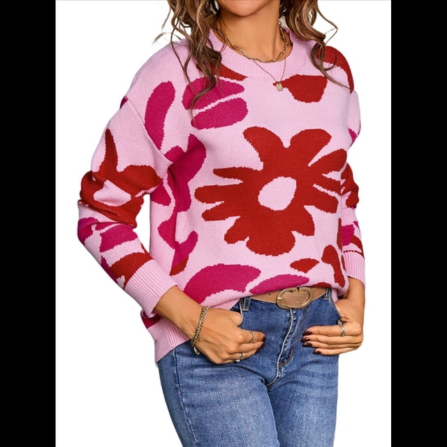 Suéter de Flores, Cuello Redondo, , Informal, de Larga, para Otoño e Invierno, de Punto. Rosa S