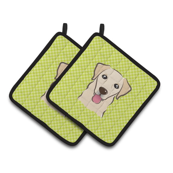Checkerboard Lime Green Golden Retriever Pair of Pot Holders