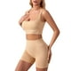 thumbnail image 1 of Conjunto de entrenamiento sin costuras de 2 piezas para mujer: pantalones cortos de yoga de cintura alta y camiseta sin mangas, sujetador incorporado, nailon/spandex, S-XL, 1 of 7