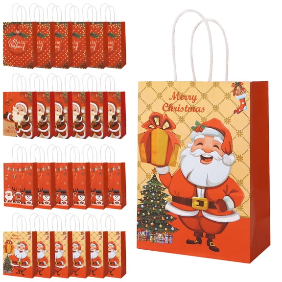 sixwipe 24 Pcs Christmas Kraft Gift Bags, Christmas Gift Bags, Xmas Assorted Paper Bags Bulk with Handles for Party Supplies