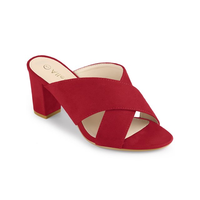 BLISSFUL STEP Sandales pour Femmes à Talons Blocs à Brides Croisées Mules Sandales à Enfiler Rouge 7