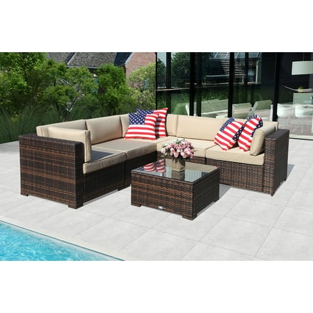 All Weather Wicker Curved Sofa Patio Outdoor Furniture Sectional Sofa Set (6-Piece Set) All-Weather Brown Wicker with Beige Seat Cushions &Glass Coffee Table| Patio, Backyard, Pool| Steel Frame ()