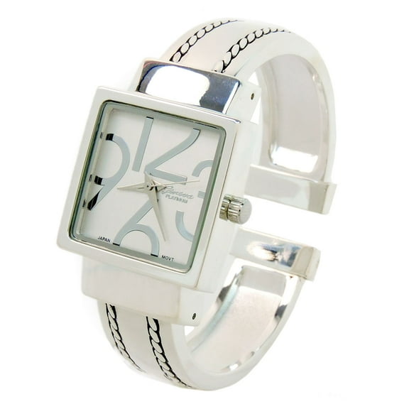 Silver Square Dial with Oversized Hours, Stitch Style Bangle Cuff Watch for Women