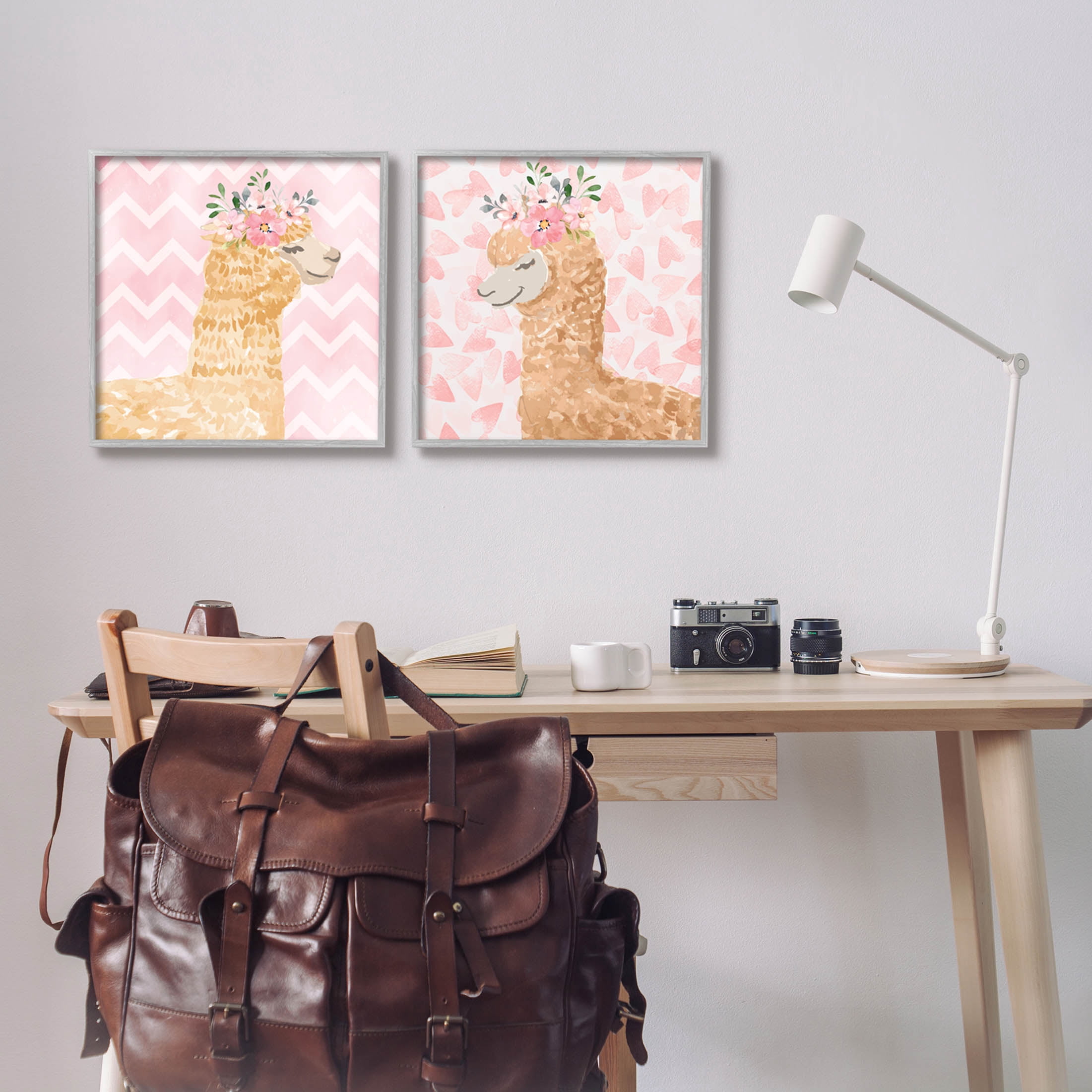 Stupell Industries Flower Power Smiling Alpacas Graphic Art Gray Framed Art Print Wall Art, Set of 2, Design by ND Art