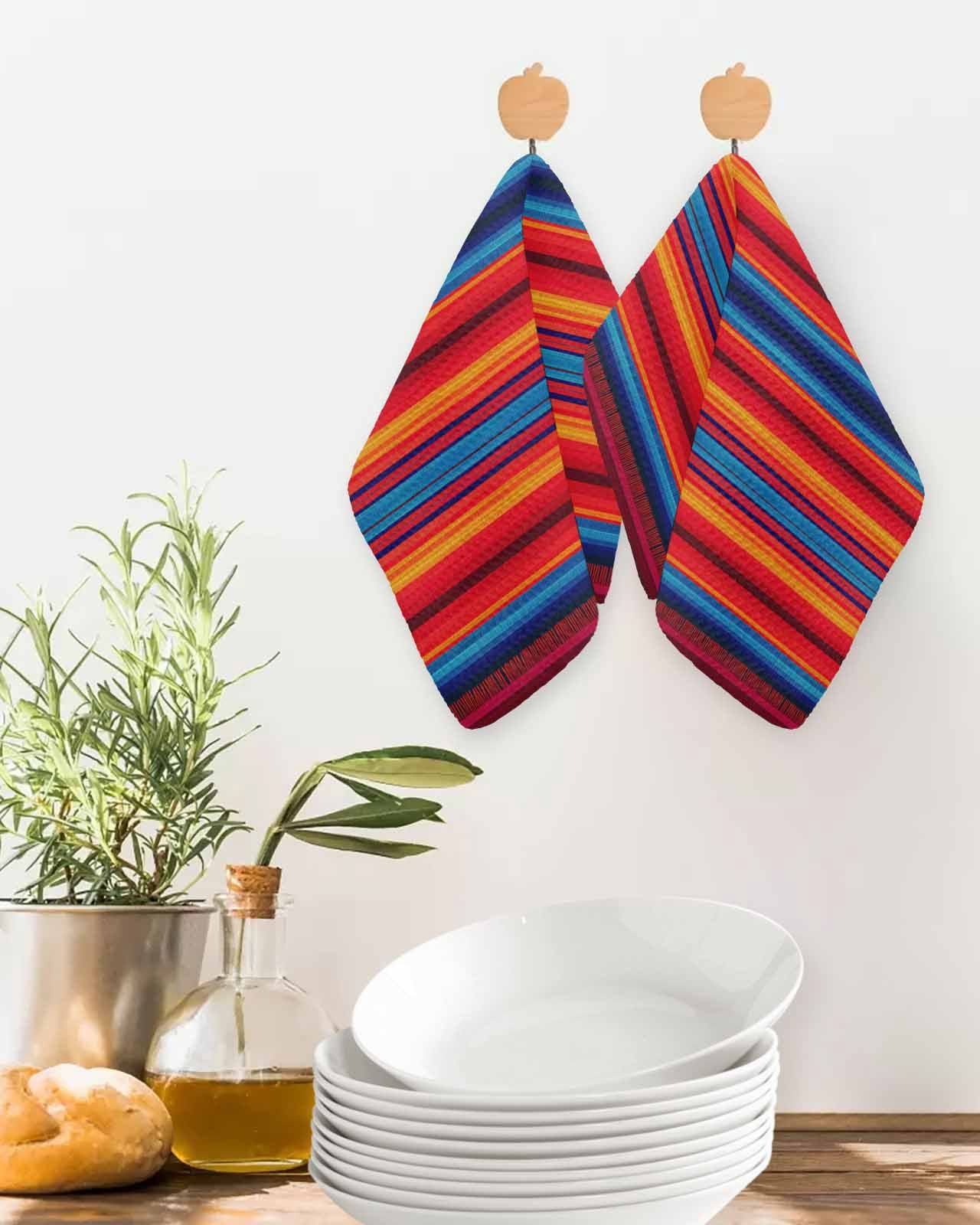 Colorful Striped Kitchen Dish Towels for Drying Dishes Set of 4, Farmhouse Modern Rainbow Lines Art Waffle Weave Microfiber Terry Hand Tea Bathroom Towels Quick Dry & Absorbent Towel 12x12