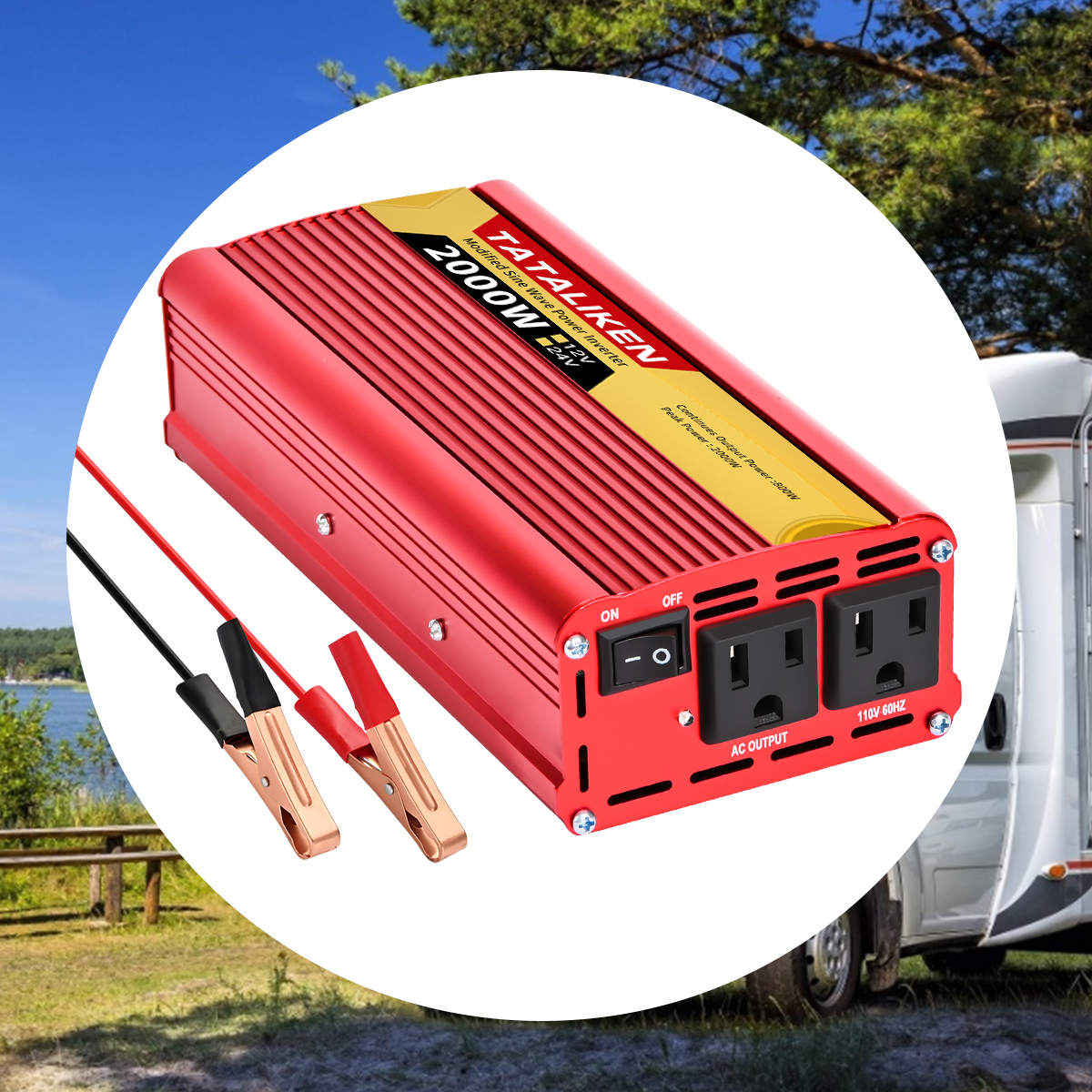 TATALIKEN 2000W（Rating power 800 W）Power Inverter DC 12V to AC 110V/120V Car Inverter with Battery Clamp Cable 2 AC Outlets for Power Tools Home Vehicles RV Truck, Red