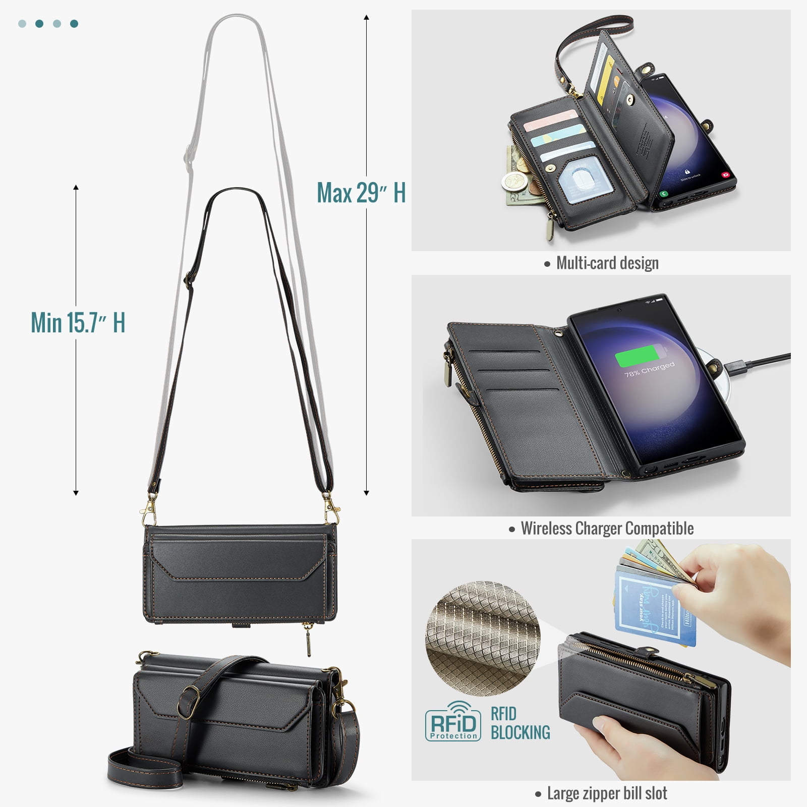 Compatible with Samsung Galaxy S23 Ultra 5G Zipper Wallet Phone Case Tempered Glass Screen Protector Crossbody Lanyard Strap Flip Card Holder Slot Cell Cover for S23Ultra 23S S 23 6.8 Women Black