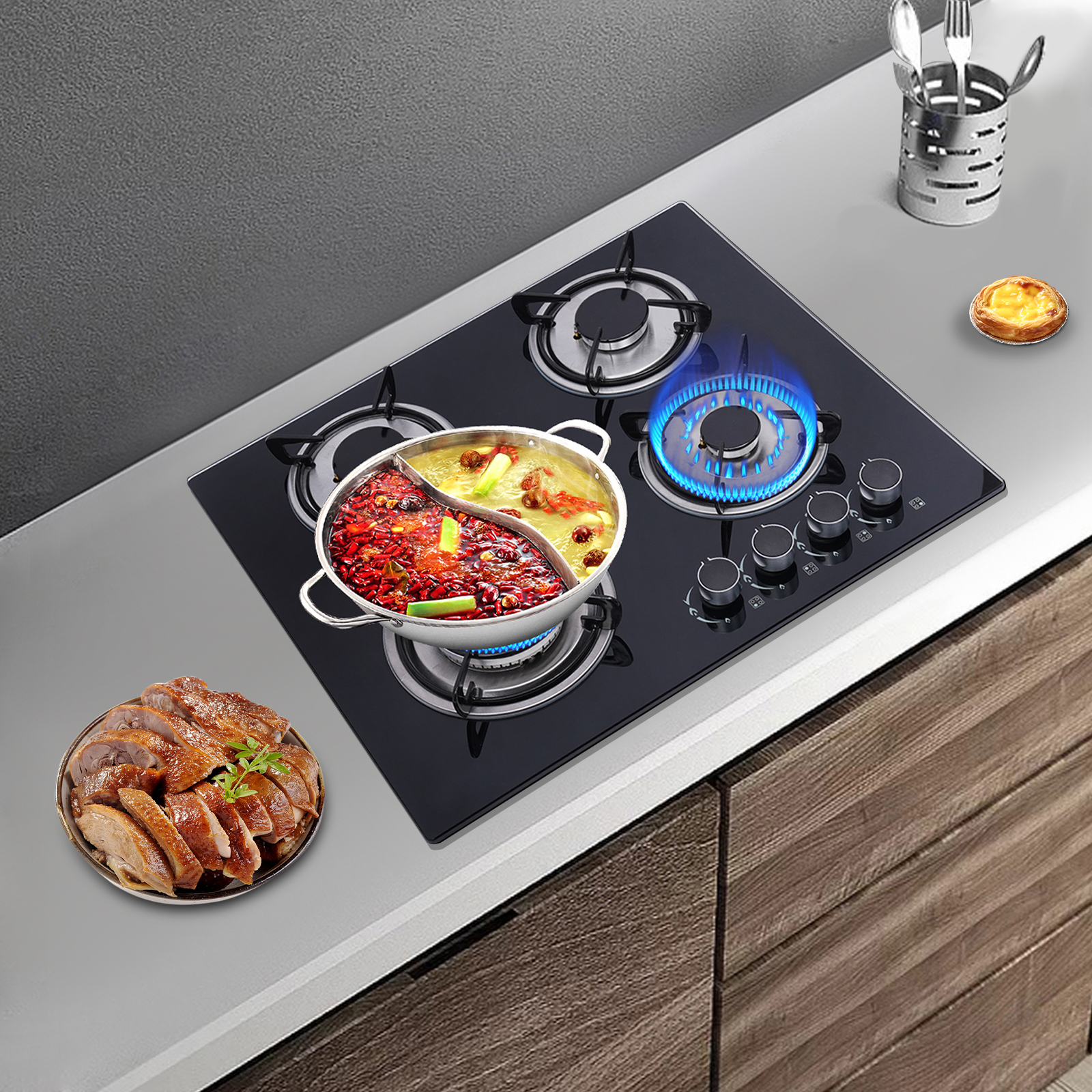 Gas Cooktop - 24 inch 4 Burners Built-in Stove - LPG/NG Dual Fuel Drop-in Tempered Glass Surface Gas Hob,Easy Clean Gas Stoves for Kitchen