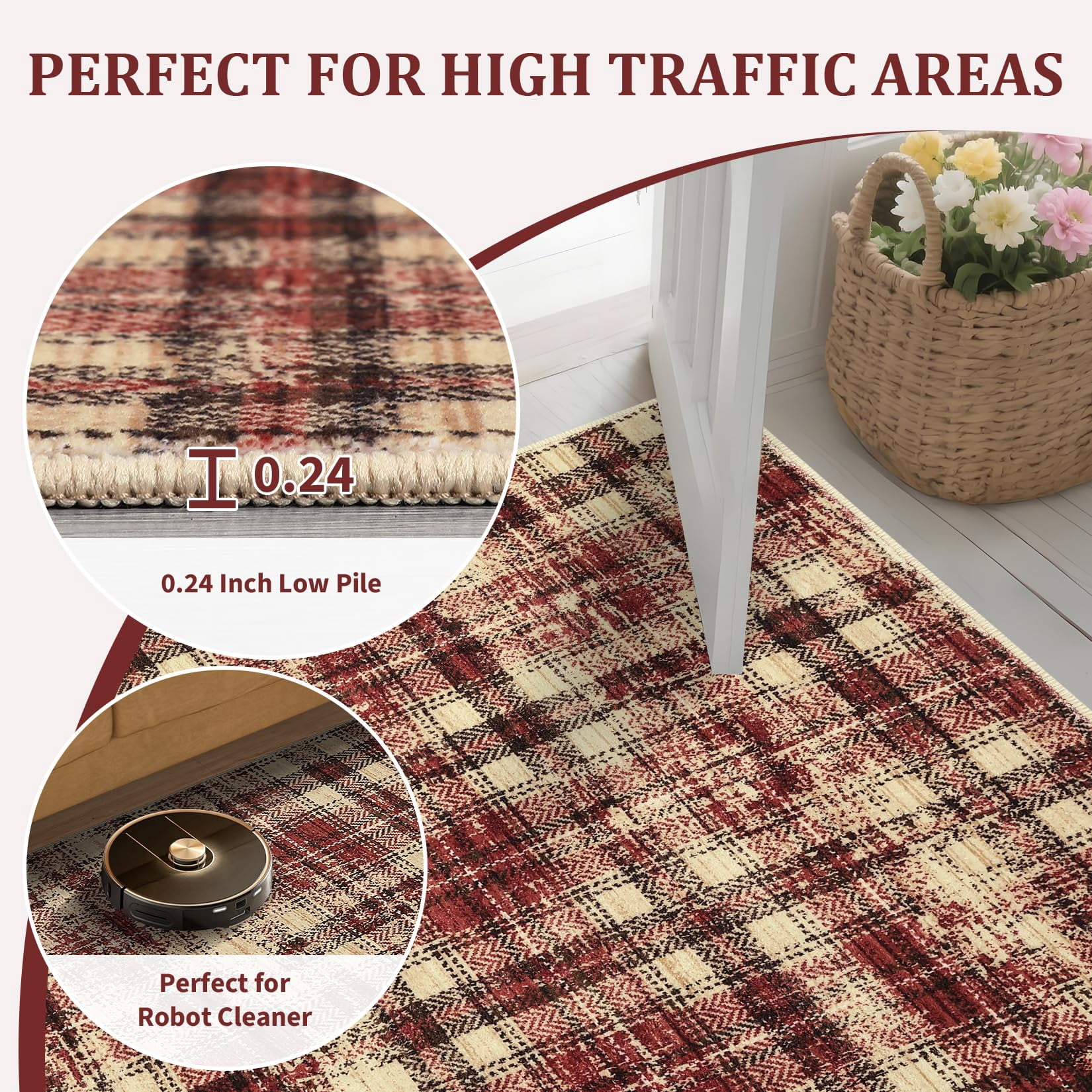 9'x12' Washable Tartan Plaid Area Rug, Non Slip Non Shedding Stain Resistant Soft Pearl Velvet Indoor Rug, Luxury Plaid Floor Mat for Living Room Bedroom Nursery Office, Red