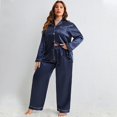 thumbnail image 2 of QIUTIAN Plus Size Silk Satin Women Pajama Sets Solid Long Sleeves Top & Full-Length Pants 2 Piece Button Sleepwear Nightwear with Pocket, 2 of 5