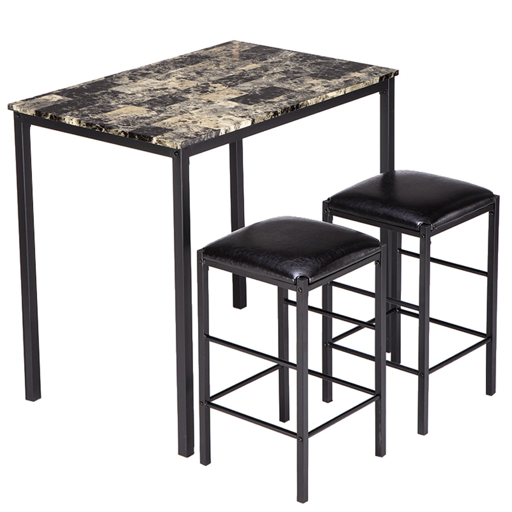 3 Pieces Counter Height Dining Set, Marble Face Dining Table Set with 2 Bar Stools, Small Dine 