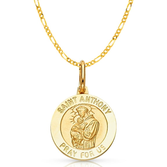 14K Yellow Gold St. Anthony Pray For Us Charm Pendant with 1.9mm Figaro 3 1 Chain Necklace - 16"
